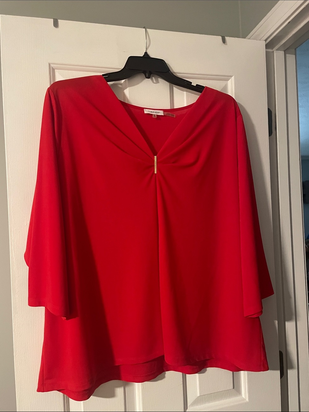Calvin Klein Red Draped V-Neck Tunic with Gold Accent
